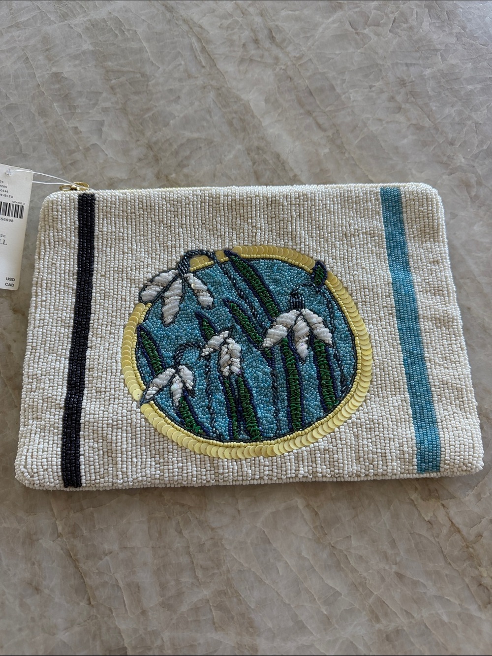 Anthropologie The Fiona Large Beaded Clutch Pouch Bag Blue Flowers Edition NWT